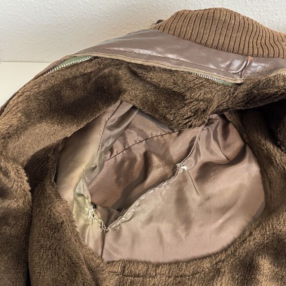 Vintage 80s Brown Leather Bomber Racing Jacket & Removable Faux Fur Liner L/48 - Picture 10 of 16